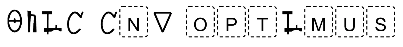 THEIA AND OPTIMUS, written in Greco-Sol Grecian (Transformers Animated), with the text that has no glyph in dashed boxes