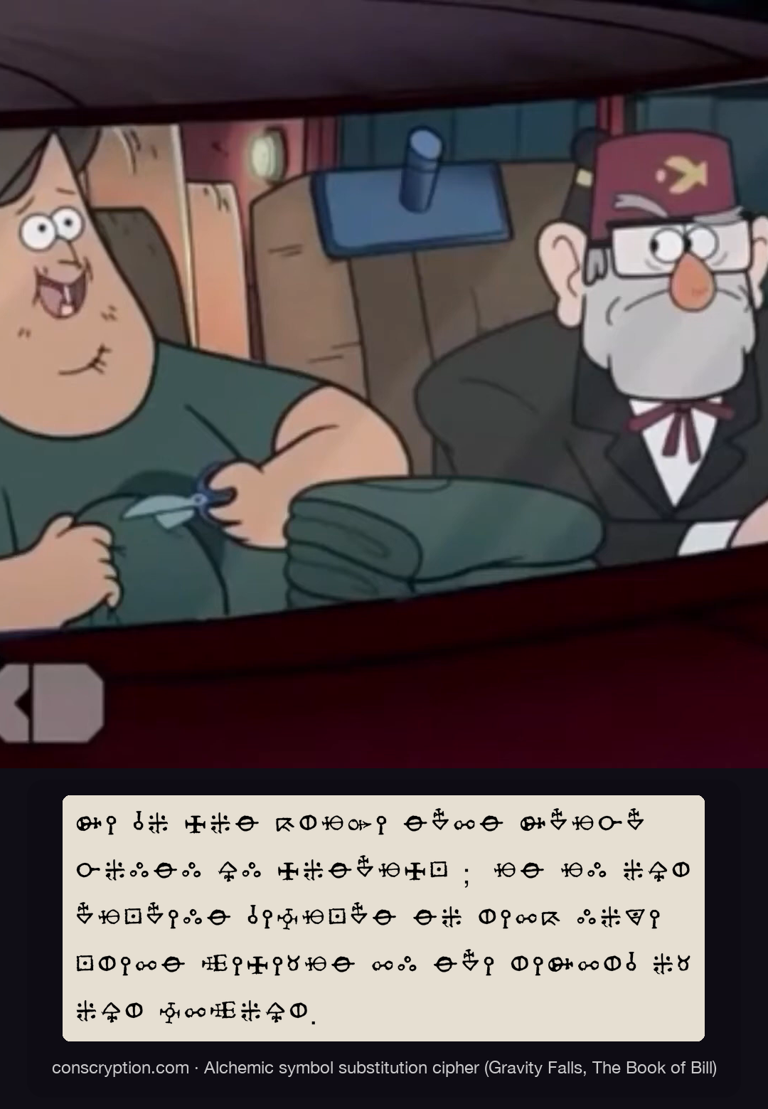 The Stan Wrong-Song Apology System (Alchemic symbol substitution cipher (Gravity Falls, The Book of Bill))