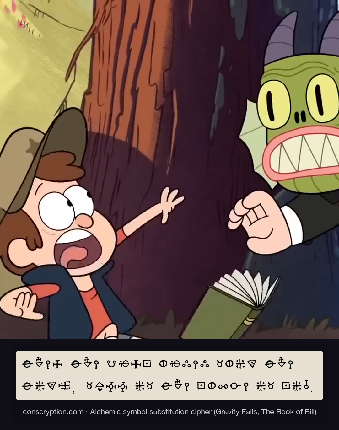 Stan’s I EAT KIDS Campaign Ad (Alchemic symbol substitution cipher (Gravity Falls, The Book of Bill))
